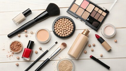 Top View of Makeup Cosmetics and Beauty Products on White Wooden Background