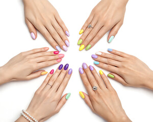 Fototapeta premium A group of hands with pastel colored manicured nails arranged in a circle on a white background studio shot