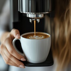 Close-up of a woman using an office coffee machine, minimalist composition with selective focus