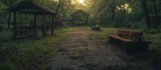 Obraz premium Overgrown playground with benches and play structures in a sunlit forest.