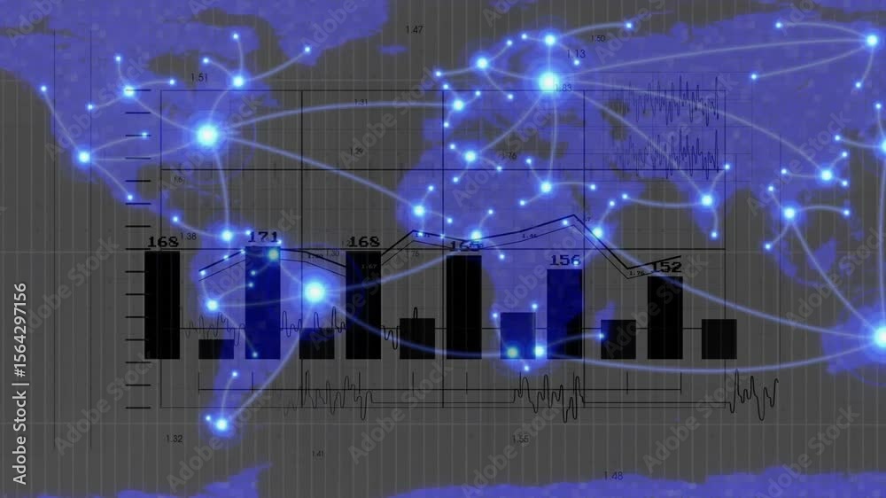Aufkleber bar chart arising, line graph and map fading showing labels updating and nodes connecting globally