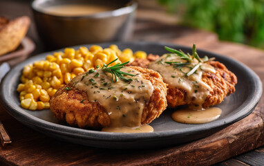 A photo of chicken-fried steak with corn relish and cream, on a plate on a brown linen cloth background, a fork on the right side, a white jug for ranch dressing next to it,