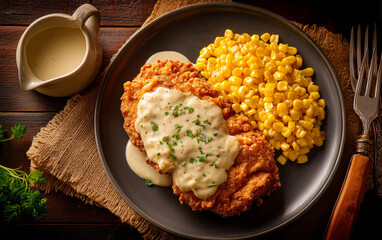  A plate of chicken-fried steak with creamy white corn on the side,