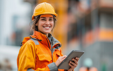 A smiling female construction worker wearing an orange helmet and coat stands in front of modern apartment buildings under construction, 