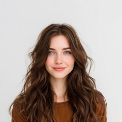 Photo of a young woman with long, brown, curly hair, blue eyes, and wearing a light-colored top on a white background. She is looking directly at the camera in a headshot portrait.