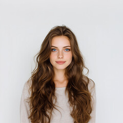 A beautiful woman with long, curly hair stands against a white background in a photo studio. She is wearing white and is looking directly at the camera, creating a striking portrait.