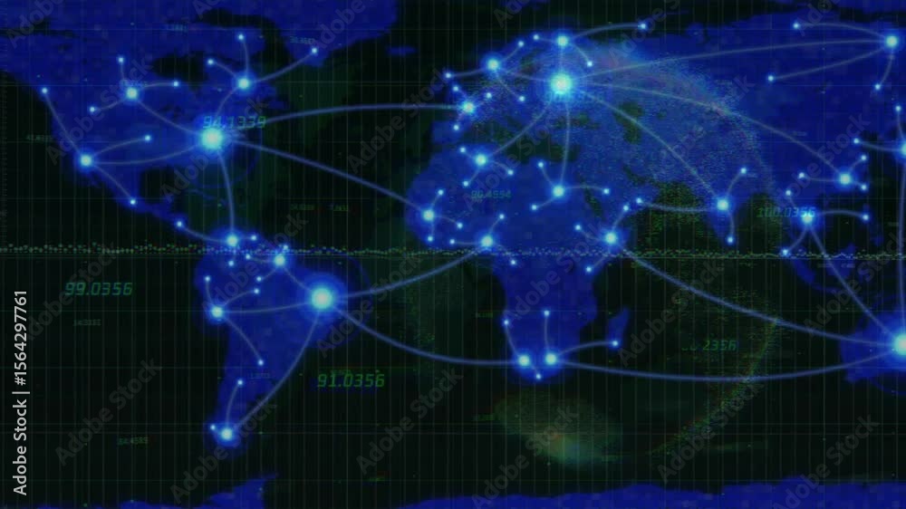 Poster on launch dark-blue grid initiating nodes glowing and tracing light arcs visualizing global network