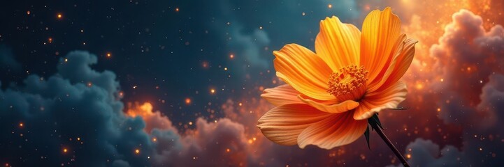 Abstract orange blossom amidst swirling nebula, cosmic dust, sparks , stars, luminescence, bloom
