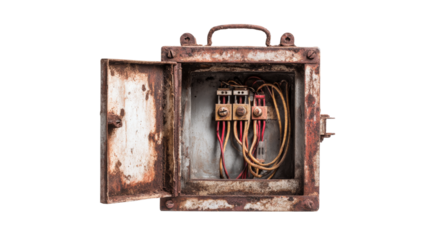Old rusty metal electrical box with connecting wires isolated on transparent background.