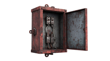 Oxidized metal electrical box with electrical components and wires isolated on transparent background.