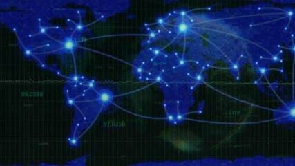 On launch dark-blue grid initiating nodes glowing and tracing light arcs visualizing global network - Powered by Adobe