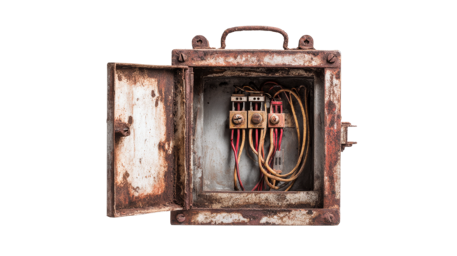 Old rusty metal electrical box with connecting wires isolated on transparent background.