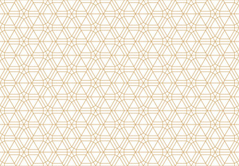 Seamless pattern presents an intricate geometric design with golden lines forming a repeating network of hexagons and octagons, creating subtle background.