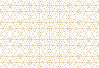 Seamless pattern with complex and intricate geometric tessellation of golden lines, interconnected hexagon shapes on white background.