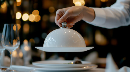 As the waiter lifted the white serving cloche, the guests eagerly looked at the empty white plate in confusion