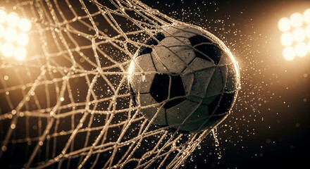 Soccer ball in net, a moment of victory and action