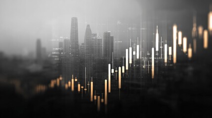 Modern city skyline with financial graphs and digital data overlay representing stock market analysis and economic trends at night