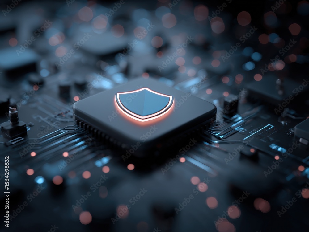 Aufkleber Close up of a computer circuit board featu a prominent microchip with a digital shield icon symbolizing cybersecurity protection and digital safety