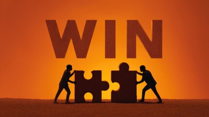 Teamwork Puzzle - WIN: Silhouetted business partners fit puzzle pieces together to complete the word WIN, symbolizing teamwork and success in the warm glow of accomplishment.