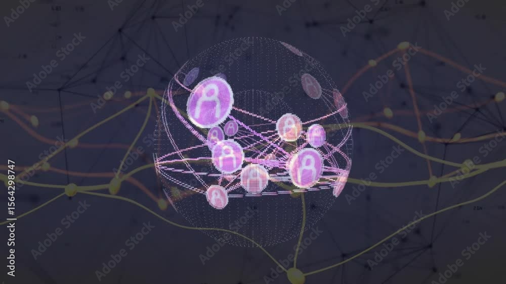 Poster dotted sphere materializing then rotating, connecting pink user icons to visualize dynamic network