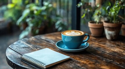 Latte coffee and notebook on a rustic table in a serene garden cafe setting, peaceful and inviting