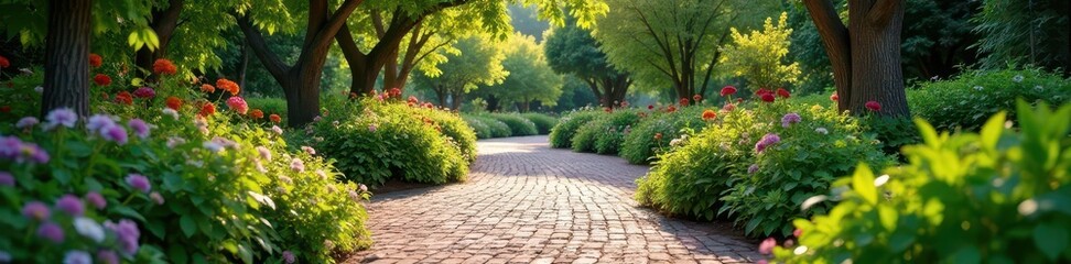 Obraz premium Brick pathway leading to a serene garden oasis, natural, nature, serenity