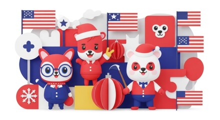 Fototapeta premium Celebrating Independence Day with Festive Animal Friends and Patriotic Decorations