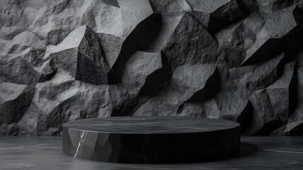Black geometric asteroid Stone and Rock shape background, minimalist mockup for podium display or showcase, 3d