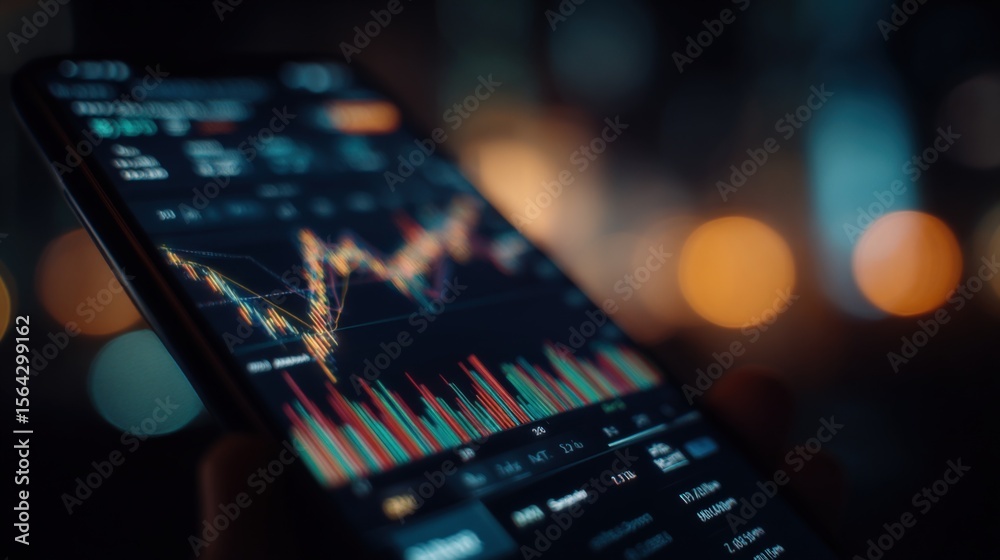 Poster Mobile trading app displaying financial stock chart with colorful line graphs and technical indicators on a smartphone screen in a dark background