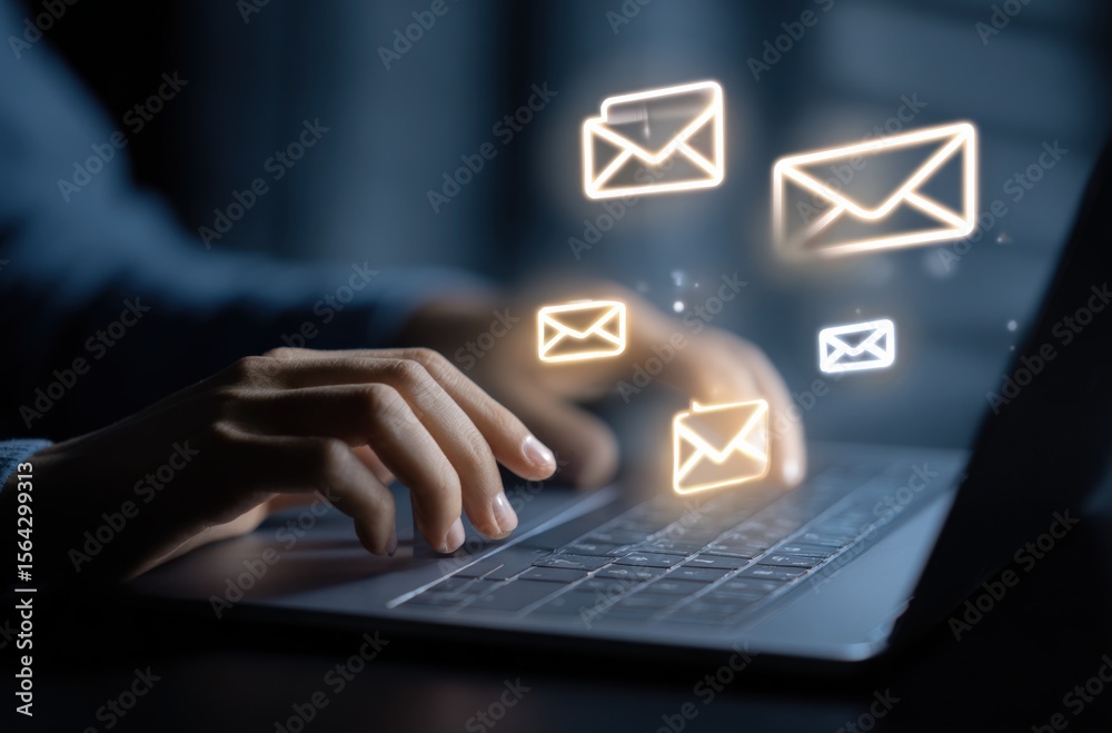 Poster modern digital communication concept with glowing email icons flying above a person's hands typing o