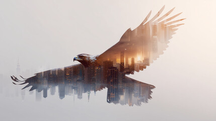 Patriotic Double Exposure for Independence Day: A creative visualization combining a powerful eagle with an American city skyline.

