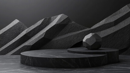 Combining stone and rock shapes, the black geometric asteroid background offers a stylish, minimalist setting for podium displays