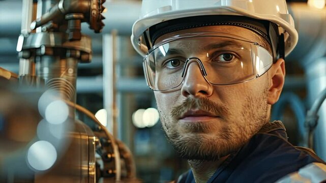 An engineer working on a gas maze, wearing safety glasses and a hard hat