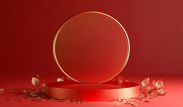 A festive circular red platform with gold trimming, centered on a solid backdrop. The composition is clean, elegant, and symbolic of Chinese traditions.
