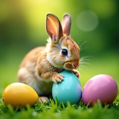 Fototapeta premium A tiny bunny nibbles a colorful egg amongst others , close-up, stock photo