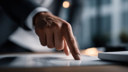 Close-up of a businessman using a digital tablet in an office environment with blurred background and natural lighting