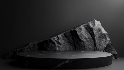 A black geometric asteroid stone shapes the minimalist 3D background, perfect for podium displays and sleek showcases