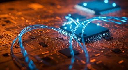 Abstract Tech Panel with Glowing Fiber Network and Blue Circuit Patterns