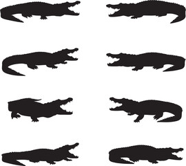 Collection of diverse crocodile silhouettes in various poses and actions