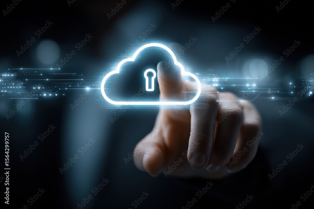 Fototapete High Tech Cloud Computing Security Concept with Digital Data and Privacy Protecting Network Technology Background