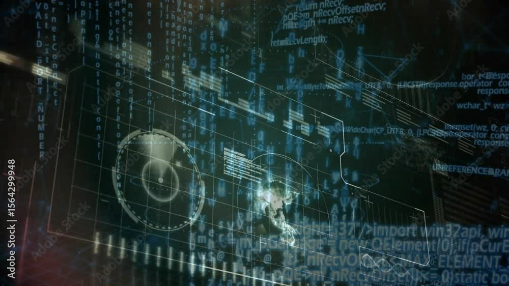 Poster Interface fading in triggers code streaming, gauge rotating, globe pulsing to show live data flow