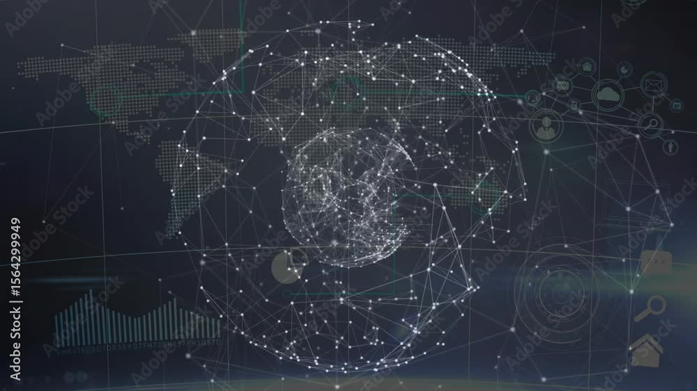 Poster receiving data packet initiating globe rotating showing world map illustrating data flow exchange