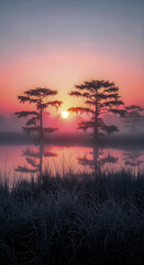 Obraz premium Sunrise over a serene cypress swamp casts a pink glow on the tranquil water and the silhouette of the trees