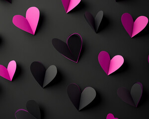 Black paper hearts with neon pink accents on a black background for a Valentine's Day card, top view. High-resolution photography