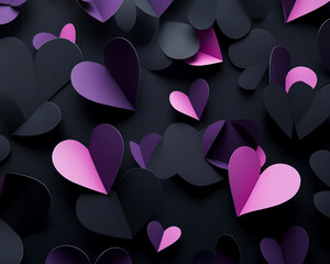 Black paper hearts with neon pink accents on a black background for a Valentine's Day card, top view. High-resolution photography