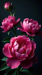 Fototapeta premium Deep pink peonies, baroque swirls, dark backdrop Ample copy space , illustration, border, swirls