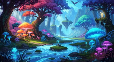 Enchanting bioluminescent forest with floating islands and cascading waterfalls a mystical wonderland