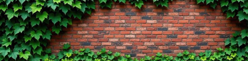 Ivy-covered vintage brick wall, rustic texture ,  element,  detail, vintage brick wall