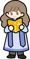 A cute girl in a choir robe holding a hymn book and singing, perfect for church and worship-themed illustrations.