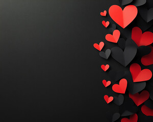 Black paper hearts with neon red accents on a black background, a Valentine's Day card design in banner format with copy space at the top for text